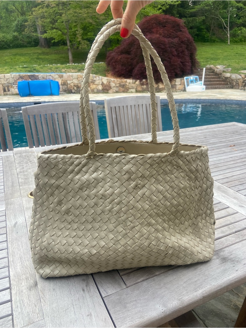Dragon Diffusion Vintage Leather Woven Tote Bag in Light Cream